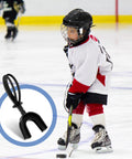 Youth hockey player on ice with Six Piece Strapped Mouth Guards With Strap No Boil Breathable Mouthpiece shown in foreground.