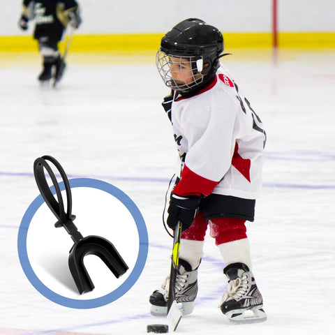 Youth hockey player on ice with Six Piece Strapped Mouth Guards With Strap No Boil Breathable Mouthpiece shown in foreground.