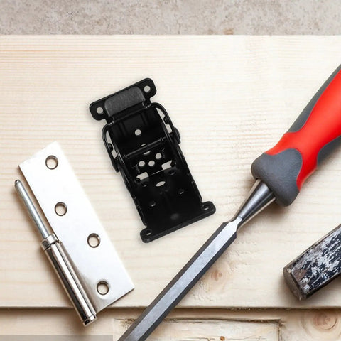 Self Locking Folding Table Leg Brackets 4 Pack with tools on wooden surface