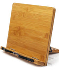 Side view of Bamboo Adjustable Book Stand With Tray And Clips, Portable Reading Desk for cookbooks and textbooks, foldable, with 5-angle positions.