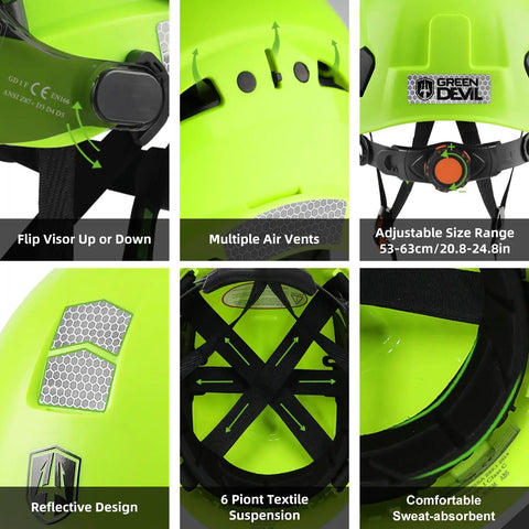 Top Shelf Ventilated Hard Hat With Dual Layer Visor Bluetooth Earmuffs And Led Headlamp Ansi Certified Construction Safety Gear Built Heavy Duty For Forestry And Industrial Grind No Sweat, showing adjustable size range and vents.