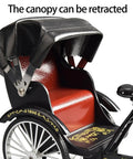 Heavy Duty Alloy Vintage Rickshaw Model With Old School Charm And Historical Precision Solid Metal Antique Tricycle Figurine with retractable canopy.