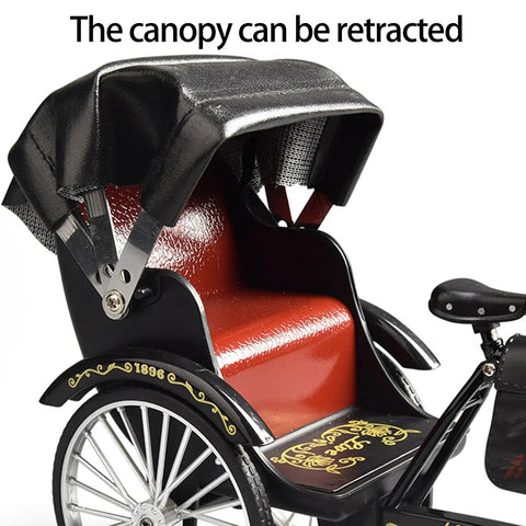 Heavy Duty Alloy Vintage Rickshaw Model With Old School Charm And Historical Precision Solid Metal Antique Tricycle Figurine with retractable canopy.