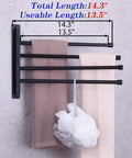 4 Arm Swivel Towel Bar Matte Black Stainless Steel SUS 304 Wall Mount Towel Rack Holder with towels hanging.
