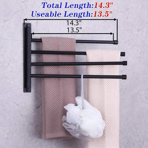 4 Arm Swivel Towel Bar Matte Black Stainless Steel SUS 304 Wall Mount Towel Rack Holder with towels hanging.