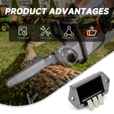 Voltage Regulator Rectifier For Kohler 8 To 25 HP Engines DIY Friendly Direct Fit OEM Replacement 14.5V Output 15A Three Terminal Regulator Compatible with 41-403-09 41-403-10 S 25-403-03 S next to chainsaw cutting wood.