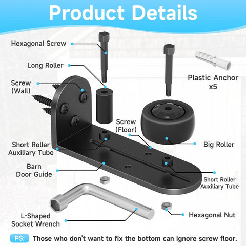 Two Pack Sliding Barn Door Floor Guide Set With Adjustable Rubber Rollers shown with components and installation diagram.