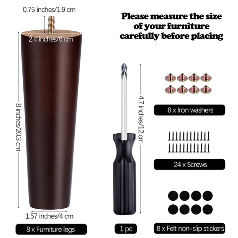 8 Inch Round Solid Wood Furniture Legs Set Brown 8 Pieces With M8 T Nuts Screws Insert Nuts And Felt Non Slip Pads Replacement Sofa Couch Armchair Cabinet Dresser Leg Kit For DIY Projects image showing leg dimensions, screwdriver, and accessories.