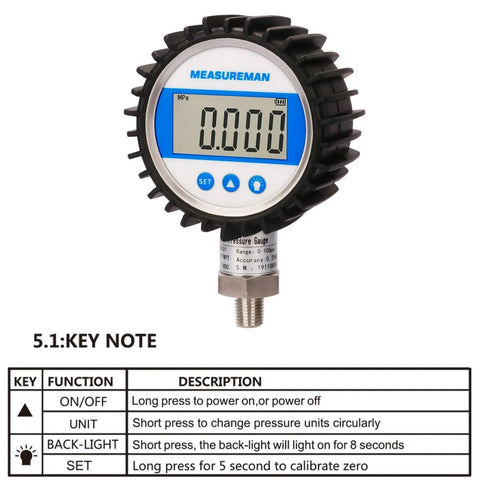 Digital Pressure Gauge With 3-1/8 Inch Dial, 0-100 Psi Bar MPa KPa Readout, 1/4 Inch NPT Lower Mount, Backlit 5-Digit Display, 0.25% Accuracy