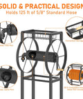Heavy-Duty Hose Reel Stand With Storage Rack, 125 Feet, Five Eighth Inch Hose Organizer, Includes Four Ground Spikes And Hooks