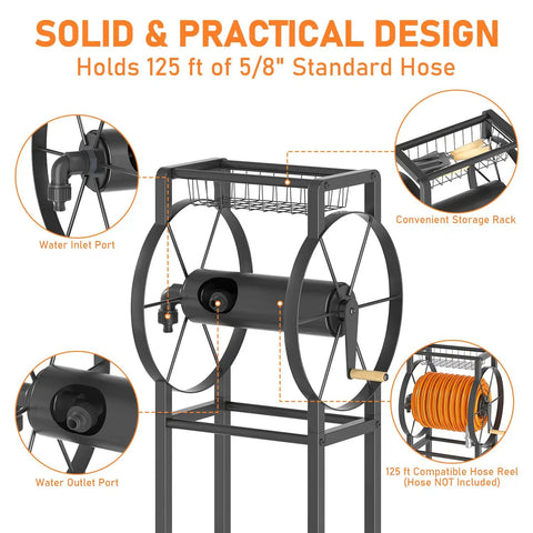 Heavy-Duty Hose Reel Stand With Storage Rack, 125 Feet, Five Eighth Inch Hose Organizer, Includes Four Ground Spikes And Hooks