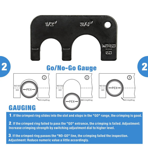 Combo Angle Head PEX Crimp Tool For One Half Inch And Three Quarter Inch Copper Crimp Jaw Sets With Go No Go Gauge diagram