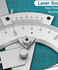 Heavy-Duty Vernier Bevel Protractor Made From Tough Carbon Steel Frame Offering Dead Nuts.02-Degree Accuracy For Straight-On Cuts scale close-up.