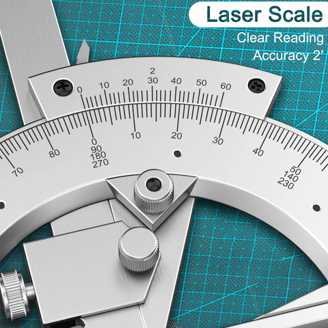 Heavy-Duty Vernier Bevel Protractor Made From Tough Carbon Steel Frame Offering Dead Nuts.02-Degree Accuracy For Straight-On Cuts scale close-up.