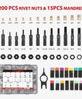 Pro Grade 16 Inch Rivet Nut Tool Kit With 200 Zinc Plated Nutserts 15 Interchangeable Mandrels 2 Mandrel Lock Pins