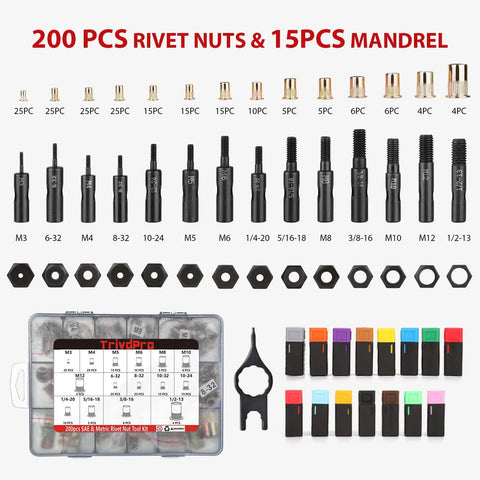Pro Grade 16 Inch Rivet Nut Tool Kit With 200 Zinc Plated Nutserts 15 Interchangeable Mandrels 2 Mandrel Lock Pins