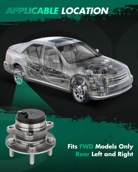 Two Pack Wheel Hub Bearing Assembly With ABS For Mazda 6 2014 2020 And Mazda CX 5 2013 2020 Left Rear And Right Wheel Positions Ready To Install Heavy Duty Upgrade 512519 VKBA7649 MB76301 WE61801 Compatible with FWD, shown separately with car diagram highlighting rear wheels.