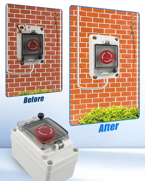 Emergency Stop Push Button Switch Box With Red Momentary Button And IP67 Waterproof Cover, 660V 10A for industrial machinery before and after installation