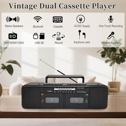 Retro Boombox With Dual Cassette Decks And 7200mAh Battery, Bluetooth Audio displayed on wooden table with feature icons.