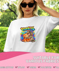 Woman wearing tee with Six Pack Monkey Punch DTF Transfers For Tees Dope Heat Press Stickers 7x7 Inches design