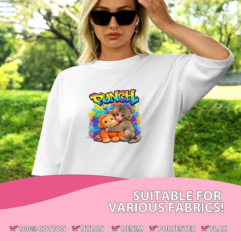 Woman wearing tee with Six Pack Monkey Punch DTF Transfers For Tees Dope Heat Press Stickers 7x7 Inches design