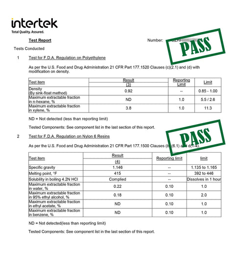 Intertek test report for Heavy Duty Food Saver Vacuum Bags showing PASS for FDA regulations on polyethylene and nylon 6 resins.