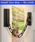 Image of 2 Pack Door Chain Lock 7.35 Inch Security Chain with 12 Screws Black installed on an interior door, showing open entry for ventilation.