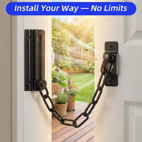Image of 2 Pack Door Chain Lock 7.35 Inch Security Chain with 12 Screws Black installed on an interior door, showing open entry for ventilation.