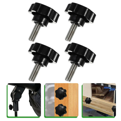 Four Pack Top Shelf M10X25MM Star Clamping Knobs With 38Mm Plastic Handles For Industrial Machinery and tooling applications, shown from above.