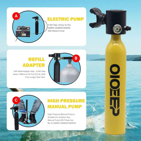 Compact 0.5L Mini Scuba Tank With Sub Mask Portable Lungs Kit Beginner Friendly Underwater Breathing For Family Fun Parties And Travel Adventures Lightweight Easy To Use Dive Gear For All Skill Levels with electric pump, refill adapter, and manual pump on a blue ocean background