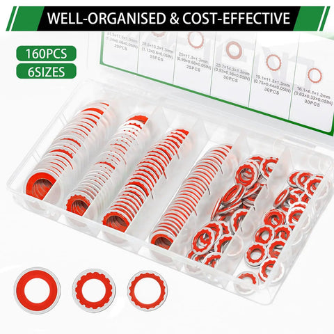 AC Compressor Port Bonded Seal Gasket Kit With 160 Seal Washers In Six Sizes For Auto AC Repair And Replacement So You Can Fix Leaks Fast No BS Guaranteed. 160pcs 6 sizes, NBR, organized tray