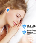 Sleeping woman wearing blue moldable silicone ear plugs, 32dB NRR, comfortable for noise blocking