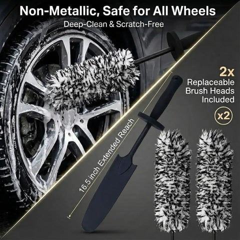 9 Piece Pro Wheel Detailing Kit with removable flat rim brush cleaning car wheel, featuring scratch-free rim cleaning.