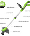 Real Deal Twenty Four Volt Twelve Inch Cordless String Trimmer And Two In One Lawn Edger with 90° rotating head and aluminum shaft.
