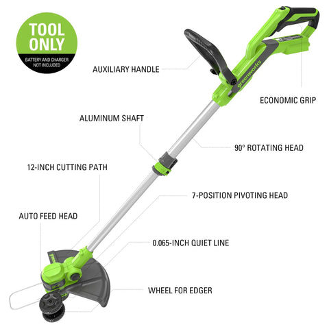 Real Deal Twenty Four Volt Twelve Inch Cordless String Trimmer And Two In One Lawn Edger with 90° rotating head and aluminum shaft.