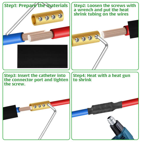 Twelve Pack 6 AWG Wire Connector Nut Kit With Screws And Shrink Tubes installation steps, using heat gun on wire splicing.