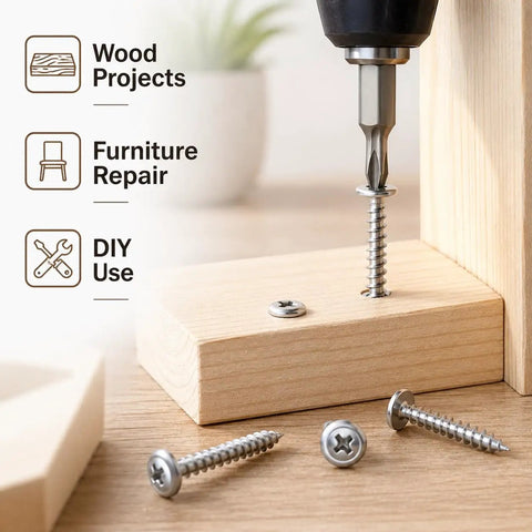 Number Eight By One Inch Phillips Washer Head Screws 60 Pack With Storage Box For Light Wood Projects And Furniture Repair Easy Driving Silver Finish DIY Fasteners used in wooden block