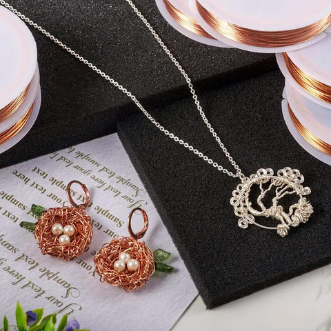 Raw Copper Jewelry Wire 22 Gauge 0.6mm 18m Per Roll Soft Round Beading Wire with finished earrings and necklace shown