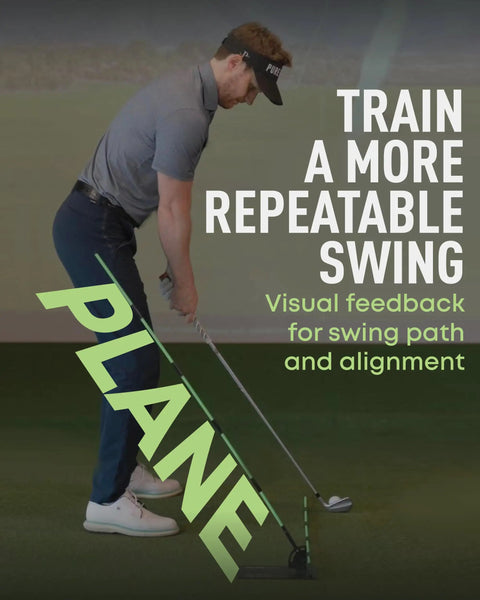 Golf Swing Plane Trainer With Adjustable Alignment Stick Holder And Pro Grade Weighted Metal Build in use by man practicing indoors