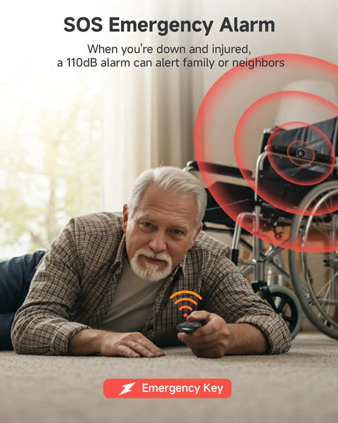 110dB Vibration Car Alarm With 10 Level Sensitivity Adjustable Wireless Remote Anti Theft Device For Car Truck RV Motorcycle And E Bike Loud Security Alarm To Deter Thieves And Protect Your Ride. SOS emergency key shown in hand.