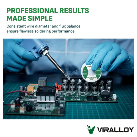 Technician using Lead-Free Rosin Core Solder Wire Sn97/Ag0.3/Cu0.7 for PCB and electrical work, 0.5mm 50g spool on circuit board