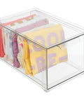 Stackable Closet Organizer Bin With Pull Out Drawer For Shoes Clothes Bags And More In Clear Plastic, holding folded clothes