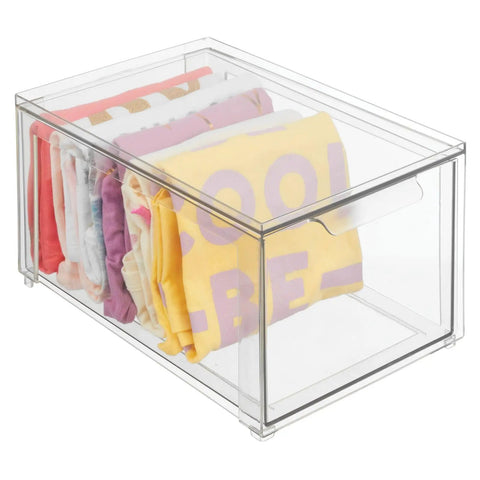 Stackable Closet Organizer Bin With Pull Out Drawer For Shoes Clothes Bags And More In Clear Plastic, holding folded clothes