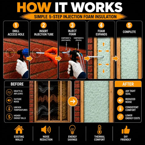How It Works infographic for Solid Open Cell Injection Foam Insulation Kit demonstrating a 5-step installation process.