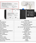Electric Pneumatic Solenoid Valve 5 Way 2 Position, 220 VAC, 4V210-06, 1/8 Inch PT Ports, diagram and specifications visible