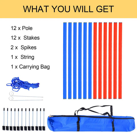 All-In-One Dog Agility Training Kit With Adjustable Poles Jump Run Obedience Set shown with stakes, spikes, string, and bag
