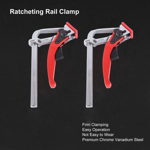 Heavy Duty Ratcheting Table Clamp With Aluminum Alloy Guide Rail And Chrome Vanadium Steel Pro Tool Killer Grip For Woodworking Projects And Cabinet Making 16Cm Opening Works Like A Champ with red handle and aluminum rail