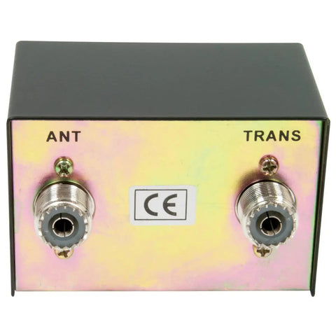 Back view of 100 Watt SWR Meter For CB Radios, Compact Antenna Tuning Tool With Quick Readouts, connectors labeled ANT and TRANS.