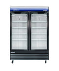 Two-Door Glass Merchandiser Refrigerator In Black 29 Cu Ft Capacity Digital Temperature Controls With LED Readout Frost Free 8 Adjustable Coated Shelves front view with shelves