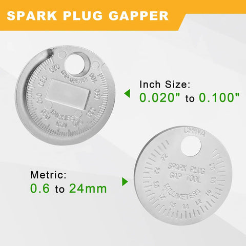Close-up of spark plug gap tool from 12 Piece Spark Plug Socket Set With 3/8 Inch Drive, measures 0.020 to 0.100 inches and 0.6 to 24mm